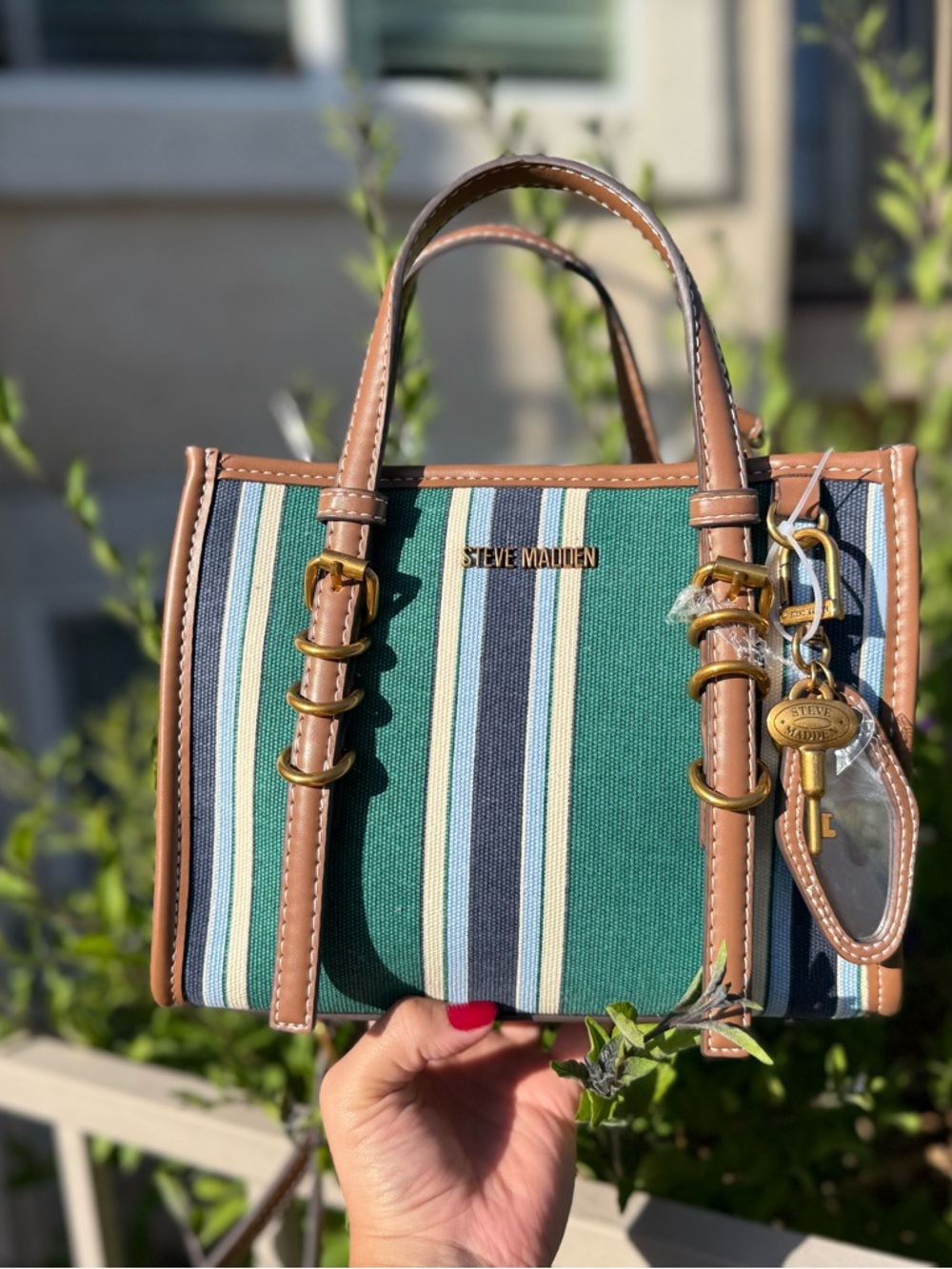 NWT Steve Madden Green and Navy Striped Canvas Satchel with Crossbody strap